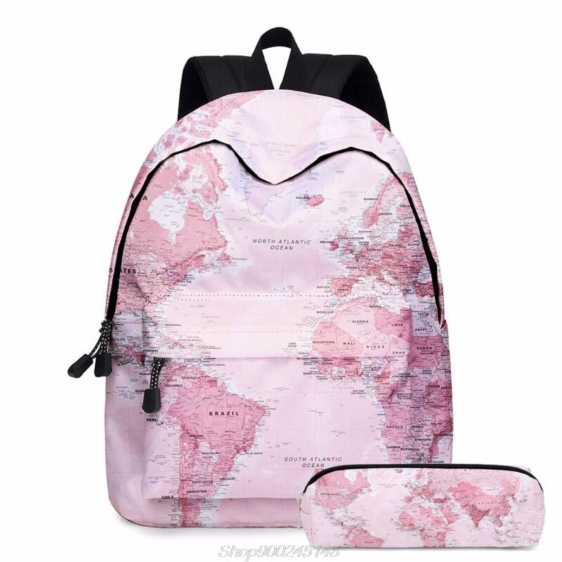 2pcs World Map Printing Backpack Girls Bookbag Laptop Bag Travel Daypack Student Rucksack with Pencil Case S19 20 Dropshpping: 3TT903893-PK