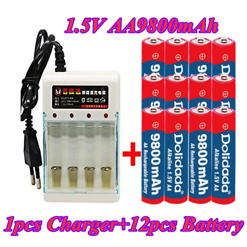 1.5 V Aa 9800 Mah Oplaadbare Batterij Aa 1.5 V. Oplaadbare Alcalinas Drummey + 1Pcs 4-Cell Battery Charger: Rood