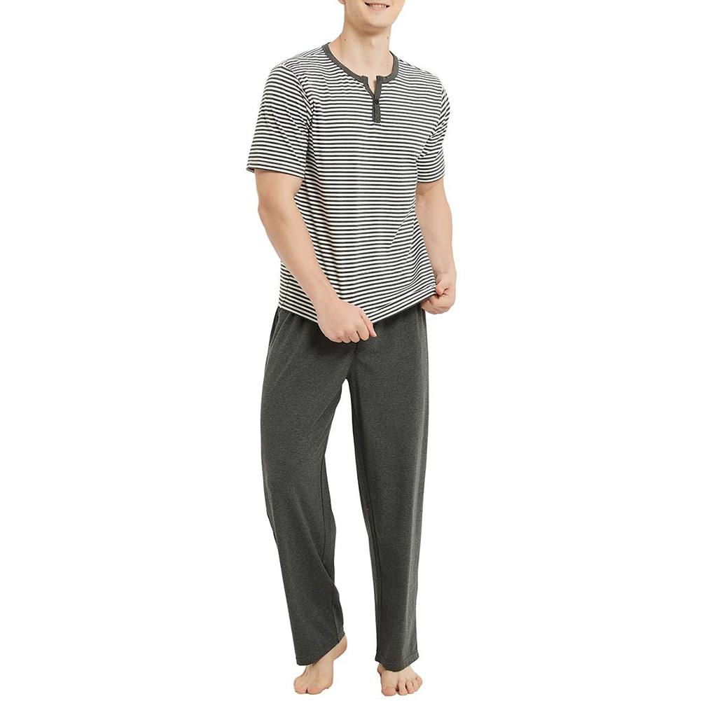Conjunto de pijamas rayados horizontales para hombre, ropa de dormir de 2 uds, Tops de manga corta a rayas + Pantalones largos sólidos, pantalones sueltos