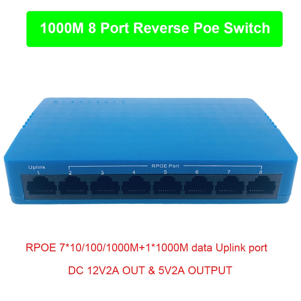 1000M 8 Poort Reverse Poe Schakelaar 7*10/100/1000M + 1*1000M uplink Dc Output 5V 2A En 12V 2A Rpoe Vlan-ondersteuning: Blue