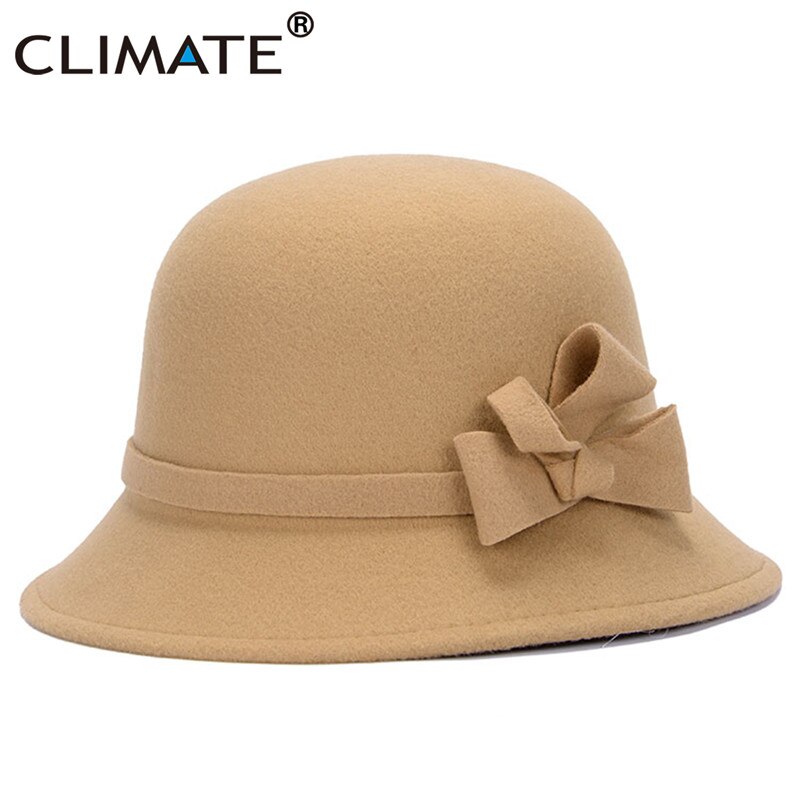 CLIMATE Women Bowknot Fedoras for Woman Fascinator Fedora Hats Ladies Girls Cap Mom Hats Nice Polyester Woolen Cap Hat: Camel