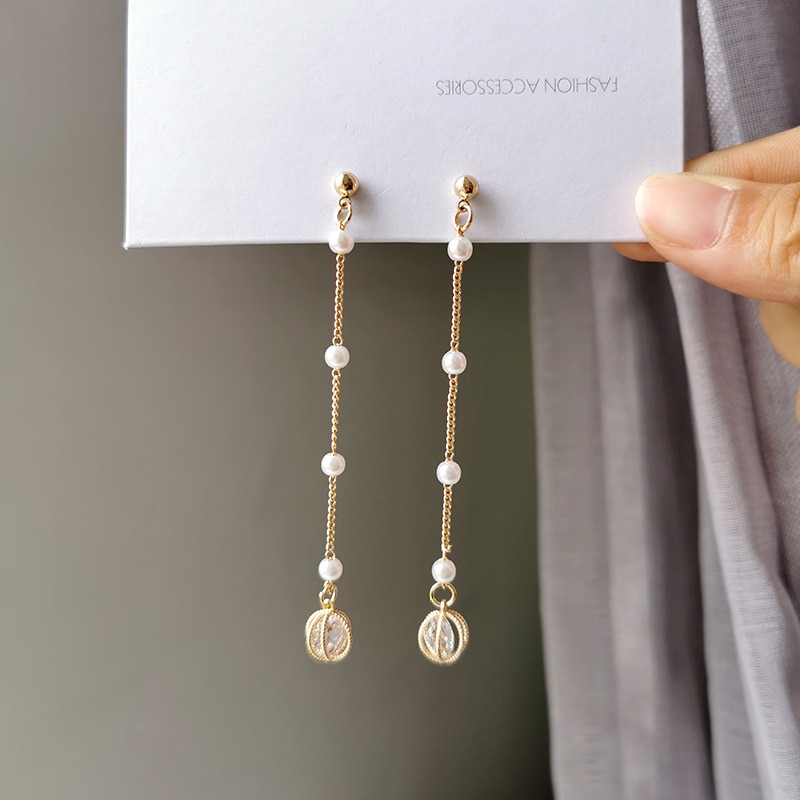 Corée Style fée longue perle gland Zircon pince sur boucles d'oreilles sans trou tempérament Simple brillant strass boule creuse boucles d'oreilles