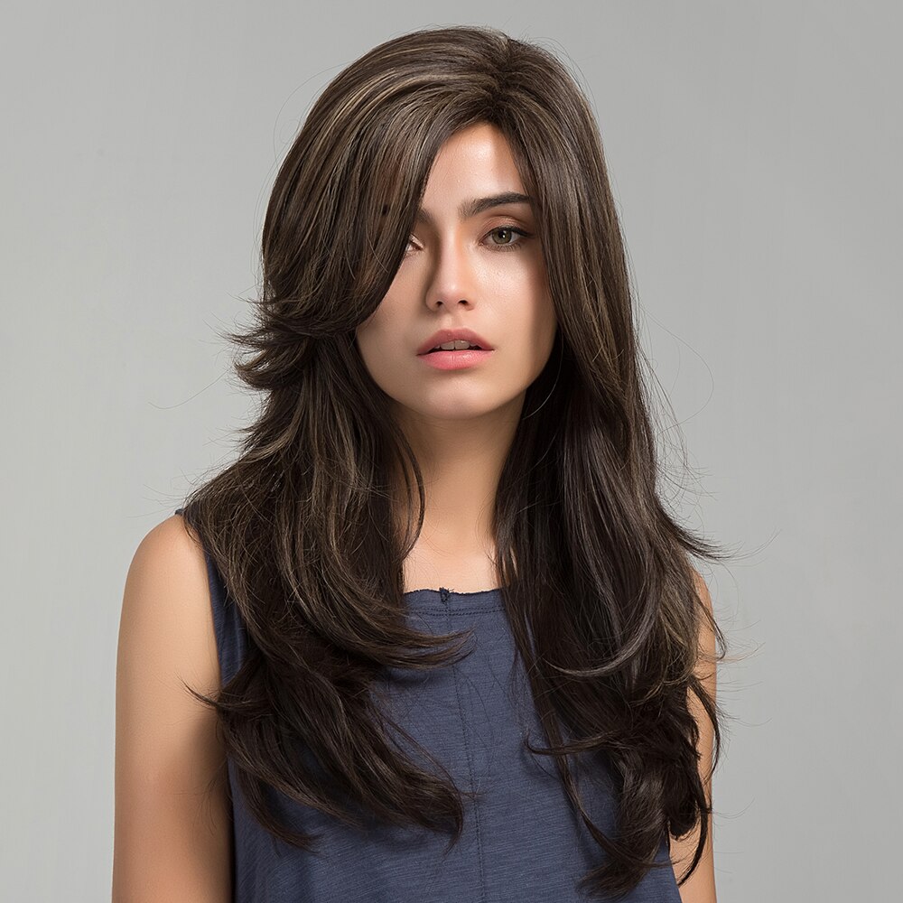 Element Synthetische Lange Rechte Haar Licht Bruin Mix Blonde Pruiken Met Pony Kant Voor Wit/Zwart Vrouwen Daily Wear: lc114