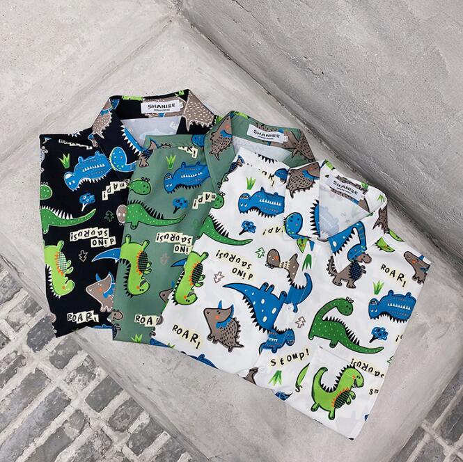 Zomerse harajuku blouse heren tops turn-down kraag losse korte mouwen heren overhemd casual dinosaurus print hawaii shirts