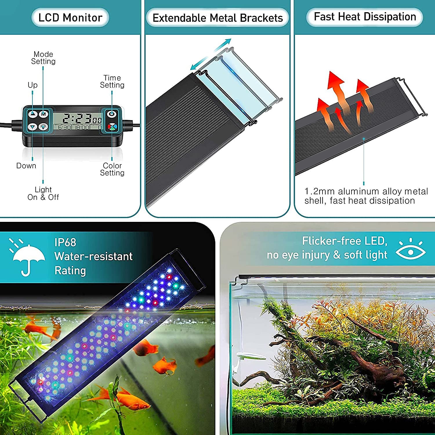 Fullgain 24/7 LCD Aquarium Light Full Spectrum Waterproof Aluminum Alloy Extendable Aqua LED Bar Lightings for Plant Growth