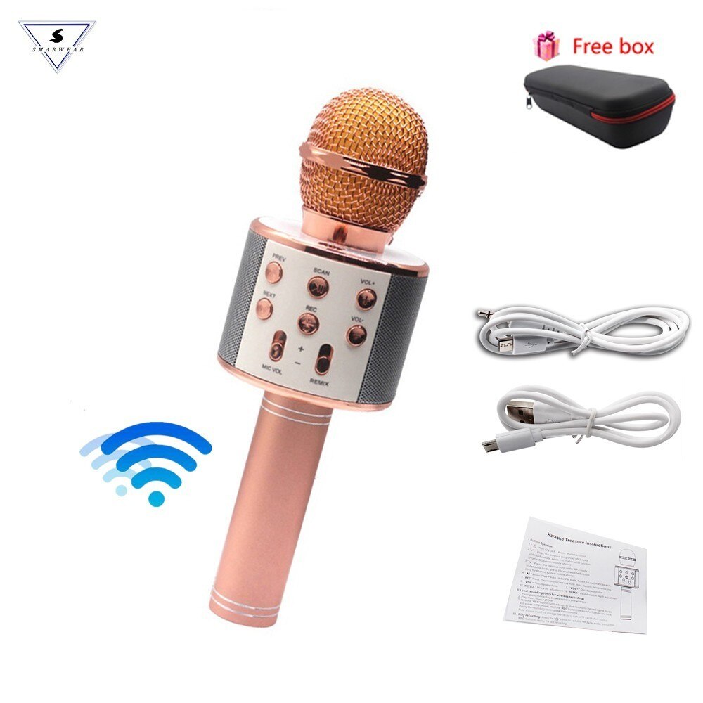 WS 858 Wireless Microphone Karaoke Condenser Mic Wtih Bag Bluetooth Stand Radio Mikrofon Studio Recording Mic WS858: rose with box