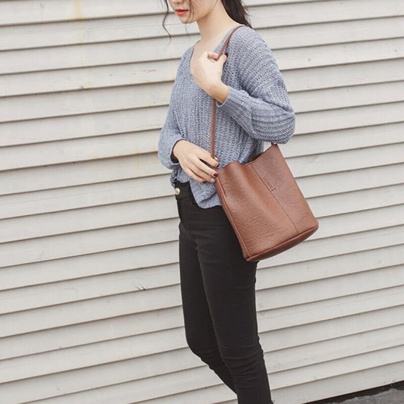 Retro bucket bag pu letaher skuldertaske stor kapacitet crossbody taske let shopping skuldertaske avanceret dame håndtaske