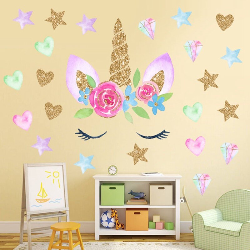 Kleurrijke Bloem Dier Eenhoorn Muursticker Art Decal Sticker Kinderkamer Nursery Wanddecoratie