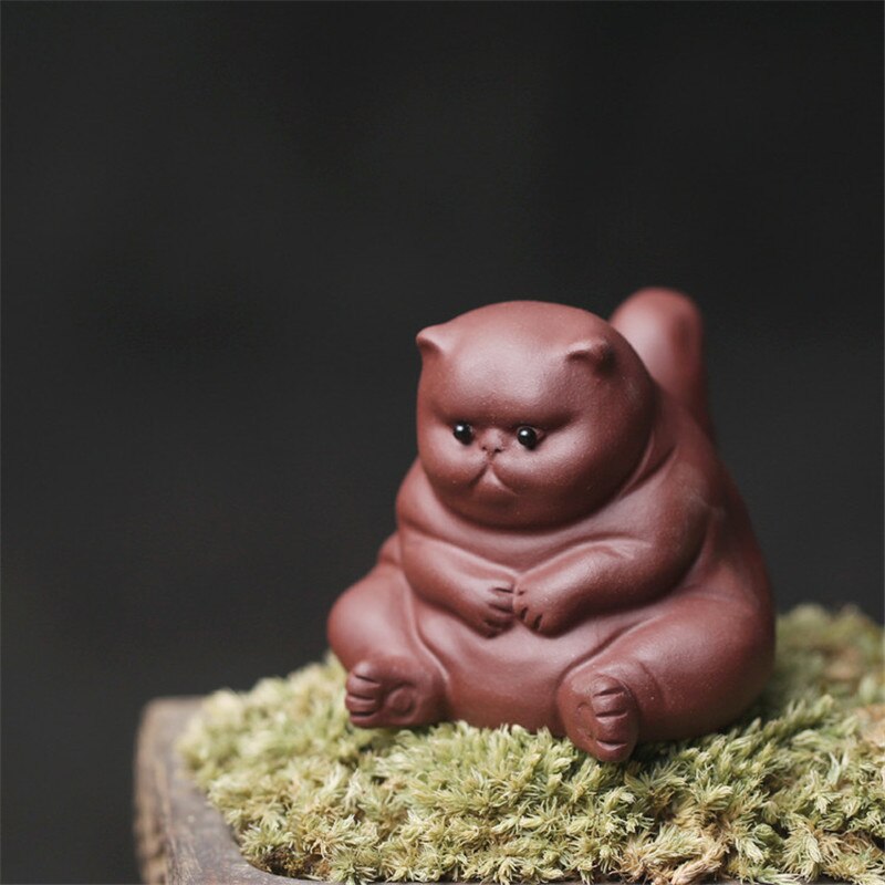 Ceramic Animal Figurines Purple Clay Tea Pet Cute Kung Fu Small Angry Cat Crafts Home Car Decoration Ornaments