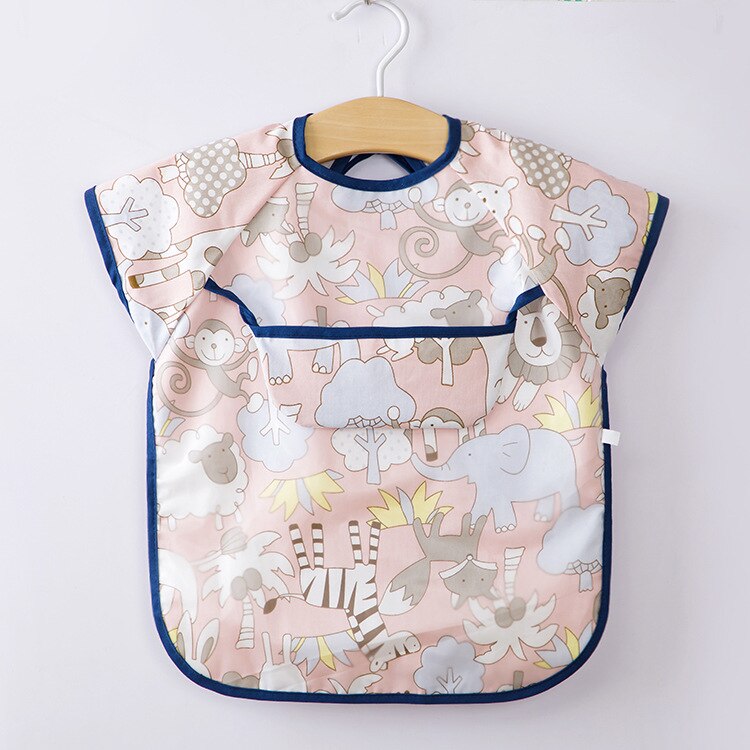 Enfant bébé Art Smock alimentation bavoir tablier poche imperméable chiffons manches longues avec receveur de nourriture: B Pink zoo / 90cm