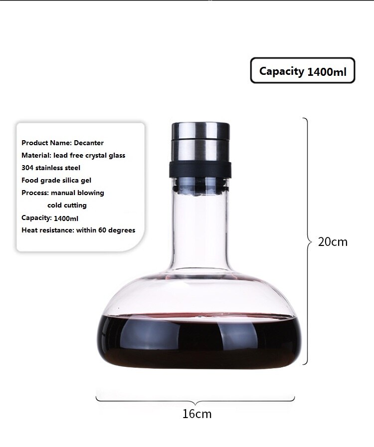 Grand décanteur pour verres de 1500ML, verre de vin rouge, cristal rouge, cognac, Champagne, carafe, aérateur pour Bar familial: A 1400ml