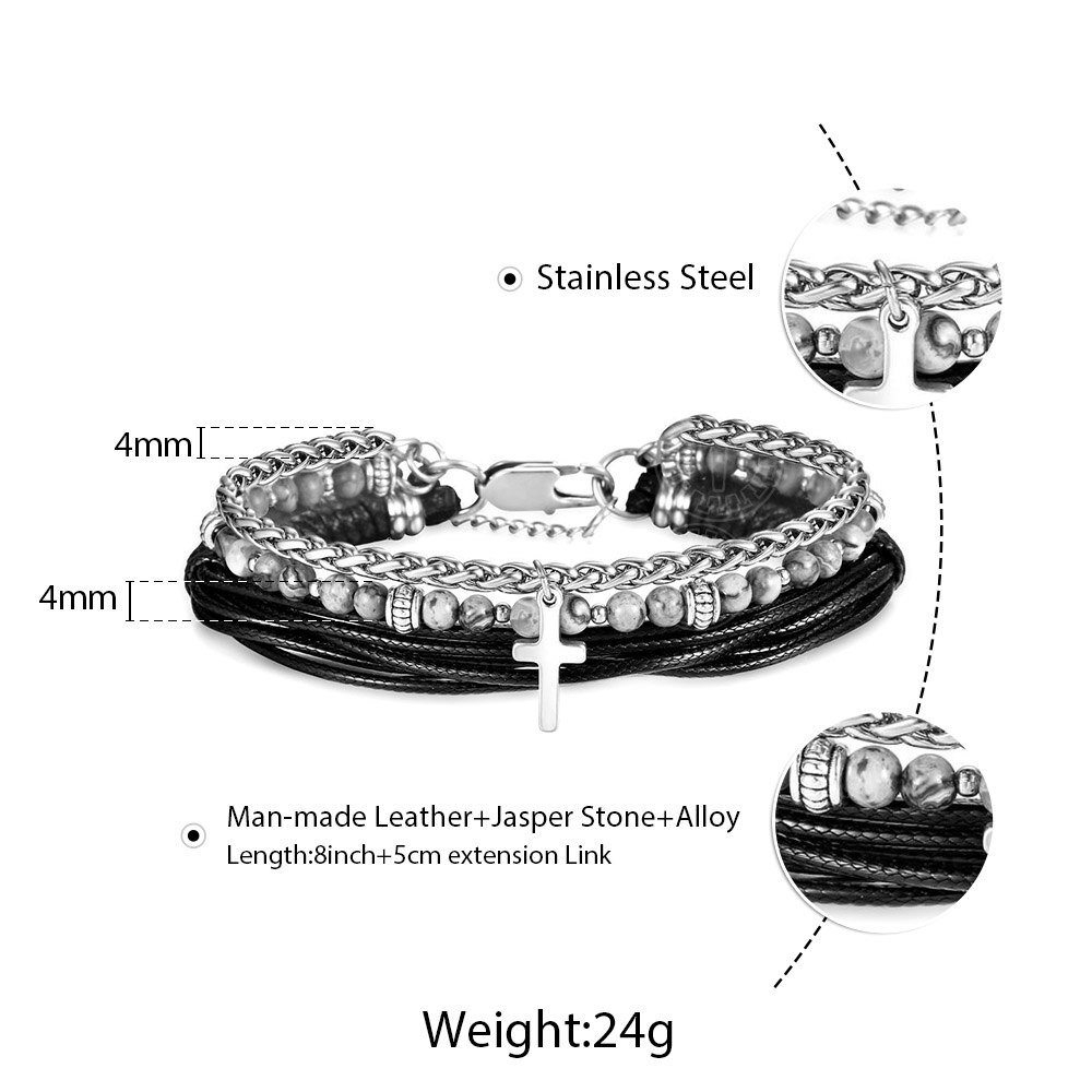 Carte naturelle pierre Bracelet perlé pour hommes garçon femmes en acier inoxydable corde lien chaîne croix breloque Bracelet en cuir DLB177: Default Title