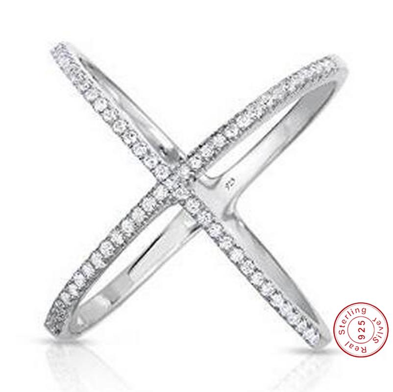 rhodium rose gold authentic 925 sterling silver wide band X ring micro pave zircon criss cross ring for women