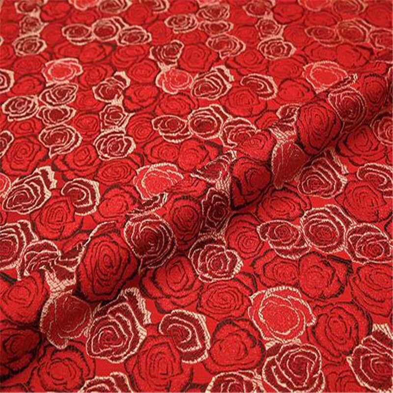 Tela de brocado de poliéster con de rosas rojas, tejido de Jacquard con estampado Floral para vestidos de novia y boda