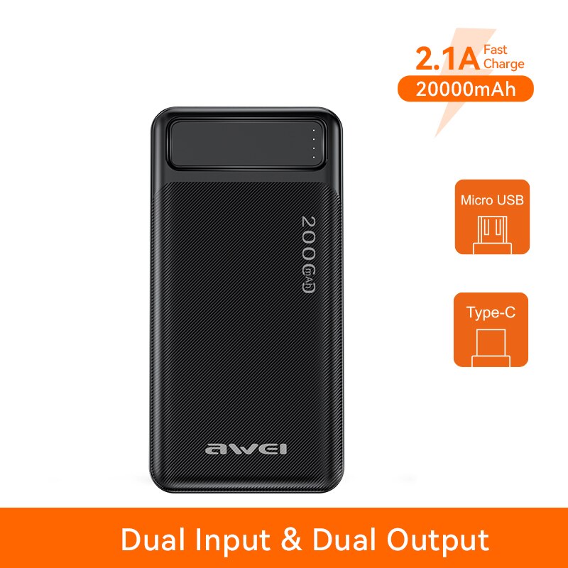 Awei P6K 20000Mah Draagbare Power Bank Dual Type A Usb A En Type C Micro Dual Input Snelle Lading voor Werk Reizen Voor Mobiele Telefoon: Black