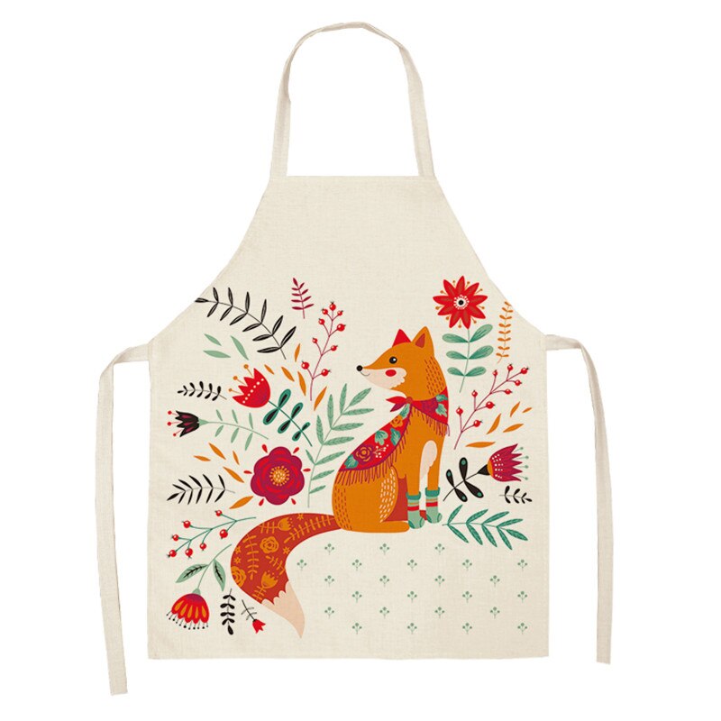 Kawaii Vos Gedrukt Mouwloze Schorten Keuken Volwassen Vrouwen Katoen Linnen Dier Overgooier Thuis Koken Bakken Taille Bib 53*65cm: WQL0159-10