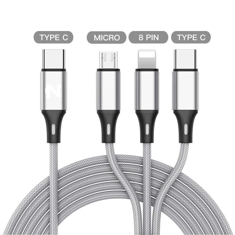 Nohon Type C to Type C 8Pin Micro 3 in 1 USB Cable For iPhone Samsung Huawei Xiaomi 3in1 USB C to Lightning Charging Cables Cord: Silver