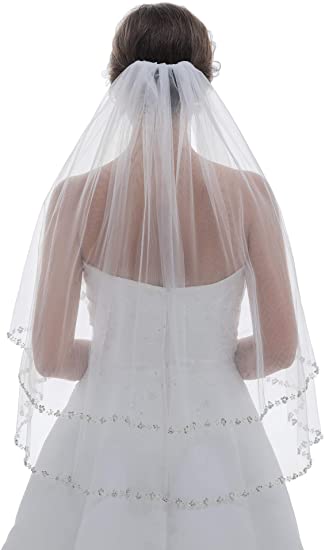 2T 2 Tier Pearls Silver Beaded Bridal Wedding Veil Bridal Veils