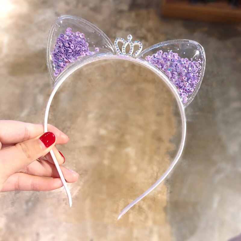 Diadema con orejas de gato y corona de lentejuelas brillante colorido para niña, accesorios para el cabello: 5