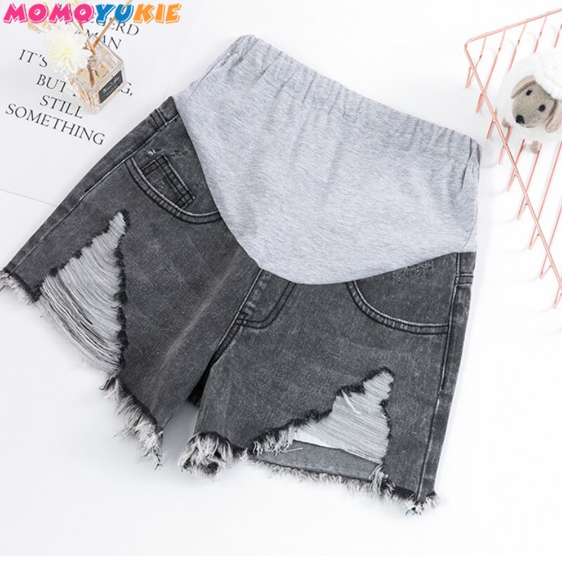 Gravidshorts med slitsade hål i sommar för gravida kvinnor fickor jeans resår midja vård mage korta byxor