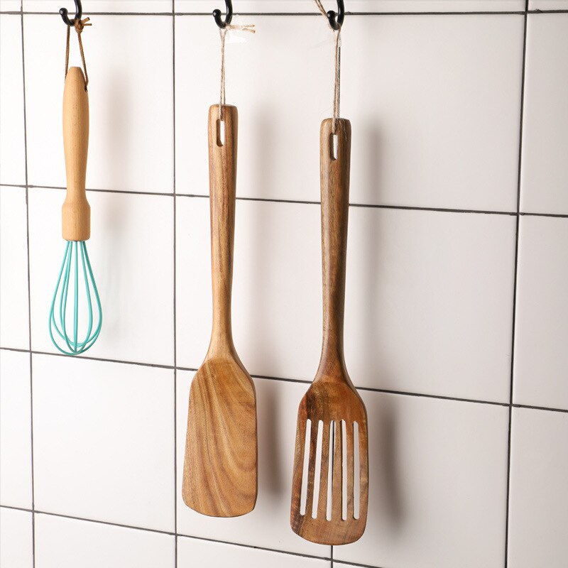 Teak Spatula Long Handle Solid Wood Leaky Spatula Acacia Wood Household Non-stick Frying Pan Spatula Kitchen Tools