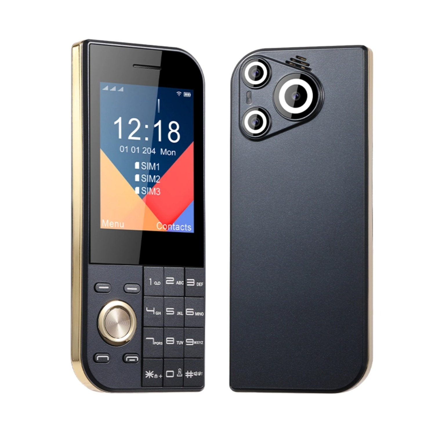 Ultraslanke mini-telefoon, schattig zakformaat, groot scherm, drie simkaarten, sos-oproepen, snelkiezen, grote knoppen, speciaal ontworpen voor ouderen.: Zwart