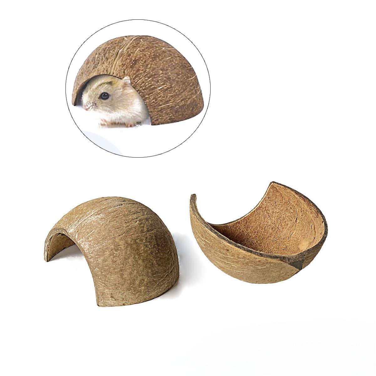 Natürliches Kokosnusshäus für Hamster, bissfest, natürlicher Kokosnusskäfig für kleine Haustiere, halbrunder Kokosnusshamster-Versteck aus Holz
