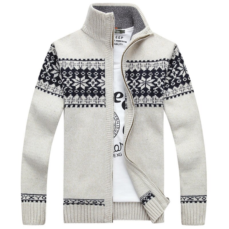 Herre uld cardigan efterår vinter varm tyk patchwork mandarin krave langærmede trøjer strikket bomuld afslappet herrejakke: Beige / L