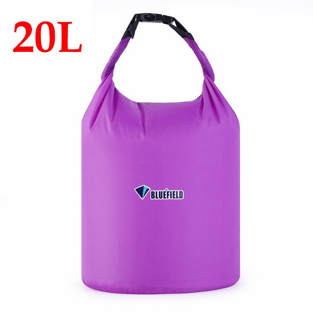 Bluefield 10L 20L draussen Schwimmen Wasserdichte Tasche Camping Rafting Lagerung Trocken Tasche mit Verstellbaren Riemen Haken 5 Farben Wahl: 20L Violett