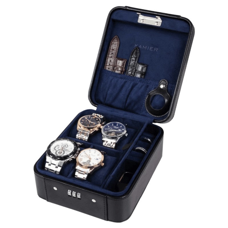 Leren horlogedoos Luxe herenhorloges Opbergkoffers Draagbare polshorloge-organizer Geschenkdozen Horloges Reiskoffers met slot: Blauw