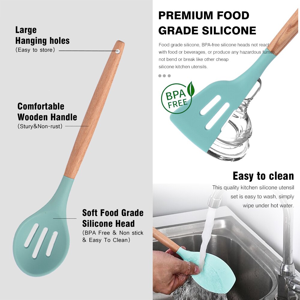 Silicone Kitchenware Cooking Utensils Set Non-stick Cookware Spatula Shovel Egg Beaters Wooden Handle Kitchen Cooking Tool Set