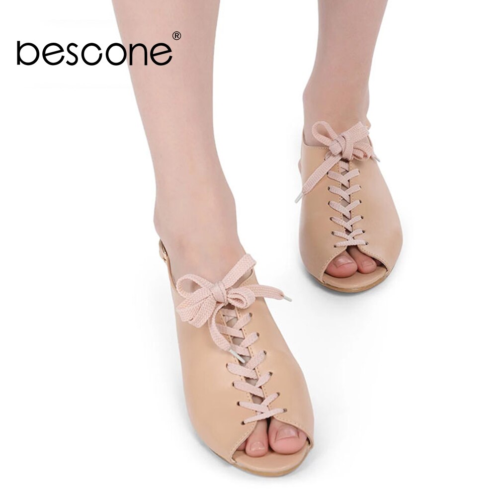 BESCONE Casual Women Sandals Peep Toe 1cm Flat With Slip-On Cross-Strap Buckle Decoration Shoes Solid Sandals BM388