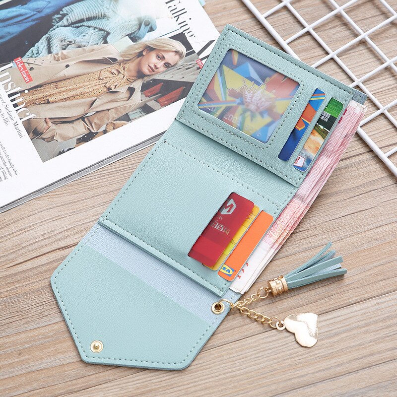 Women Wallet Cute Student Tassel Heart Pendant Short Wallet Small PU Wallet Coin Purse Ladies Card Bag For Women