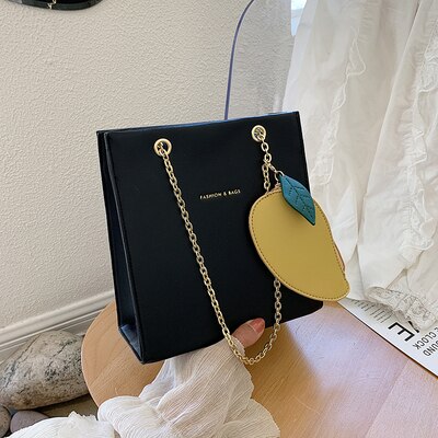 Fransk kæde firkantet taske & citron totetaske skuldertaske messenger taske håndtaske bredde 20cm højde 21cm: Sort