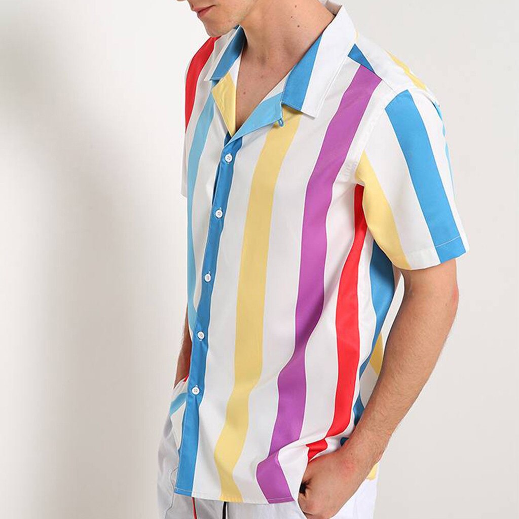 Summer Striped Hawaiian Shirt Men Colorful Lapel Neck Short Sleeve Blouse Streetwear Casual Shirts Hombre Vacation Camisa#G1