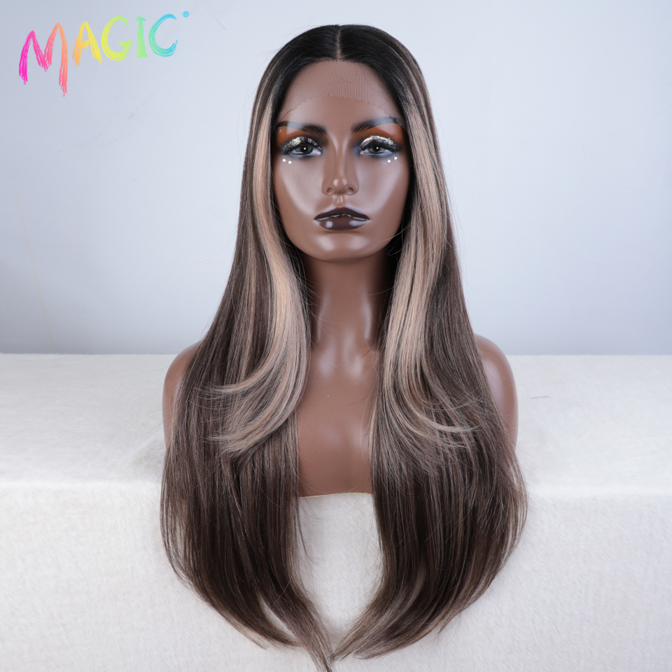 Magic Hair Synthetic Lace Front Wig Long straight 28 Inch Lace Wig Ombre Blonde Wig Heat Resistant Wigs For Women Lace Front Wig: KAF6