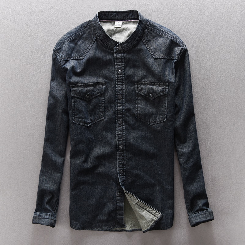 Katoenen denim overhemd heren merkkleding mandarijn kraag overhemd heren retro wassing donker slim fit heren overhemd casual camisa masculina