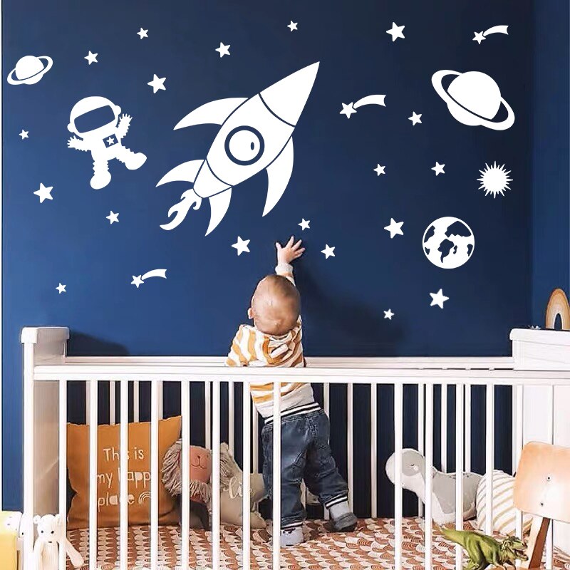 Creatieve Ruimte Planeet Muurstickers Voor Kinderkamer Cartoon Astronaut Muurdecoraties Vinyl Home Decor Baby Kinderkamer