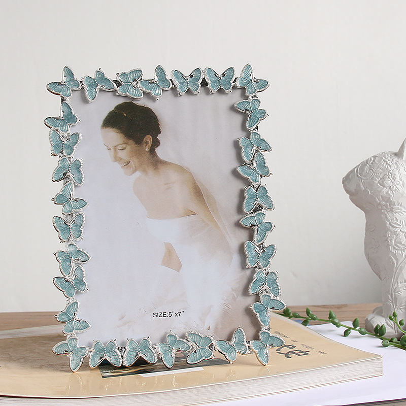 Murales nórdicos con marco de mariposa foto de boda de Metal, foto de boda de estudio, marco de foto de boda, decoración del hogar, pantalla de escritorio: blue / 20.2X15CM