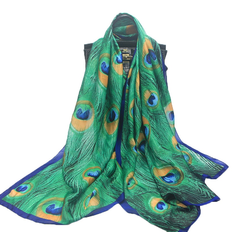 Zfqhjj kvinder luksusmærke chiffon silketørklæde grøn påfugl fjerprint langt sjal stort pashmina wraps hunfoulard 180 x 90cm