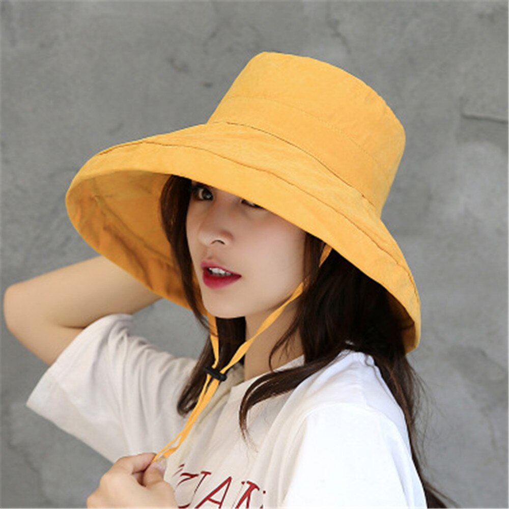 Women Bucket Hat Foldable Portable Outdoor Anti-UV Beach Sun Hat Big Visors With Windproof Rope Spring Summer Fisherman Cap