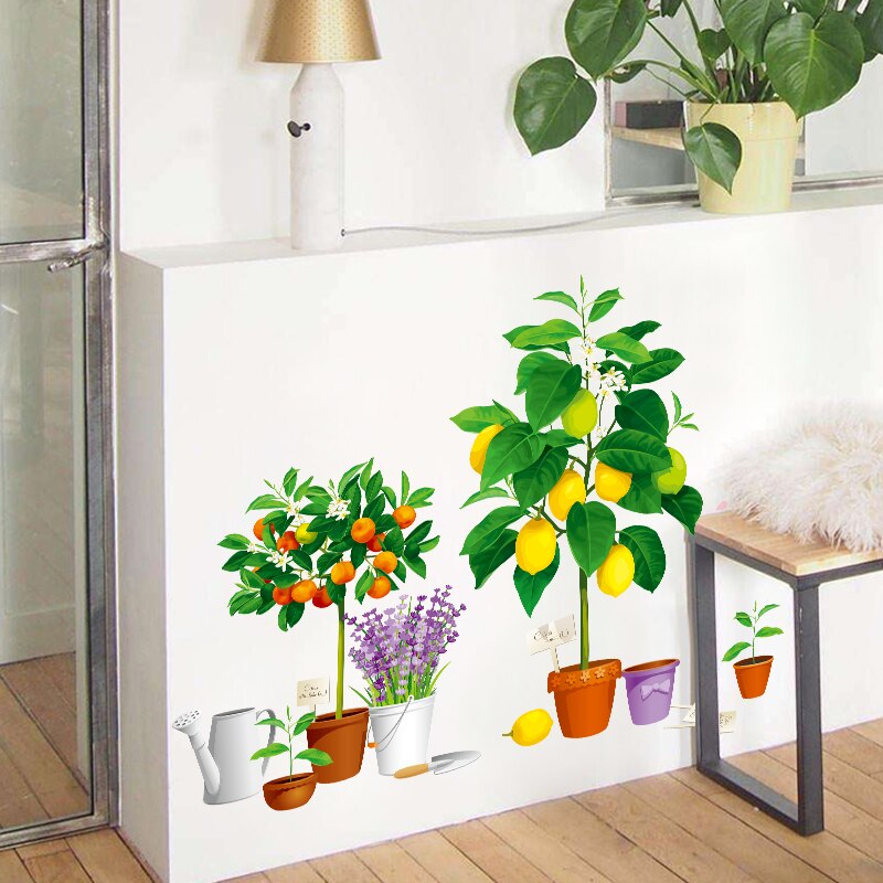 Large 3D Potted Plant Wall Stickers Lemon Orange Tree Lavender Decals Kitchen Corridor Living Room Decor Mural Vinyl Baseboard