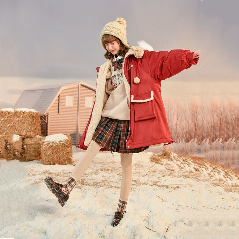 2021 grube ciepłe damskie zimowe ocieplane kurtki duże parki z futrzanym kołnierzem Kawaii luźne Harajuku dla kobiet ponadgabarytowe nadrukowana bluza z kapturem czerwone ubrania