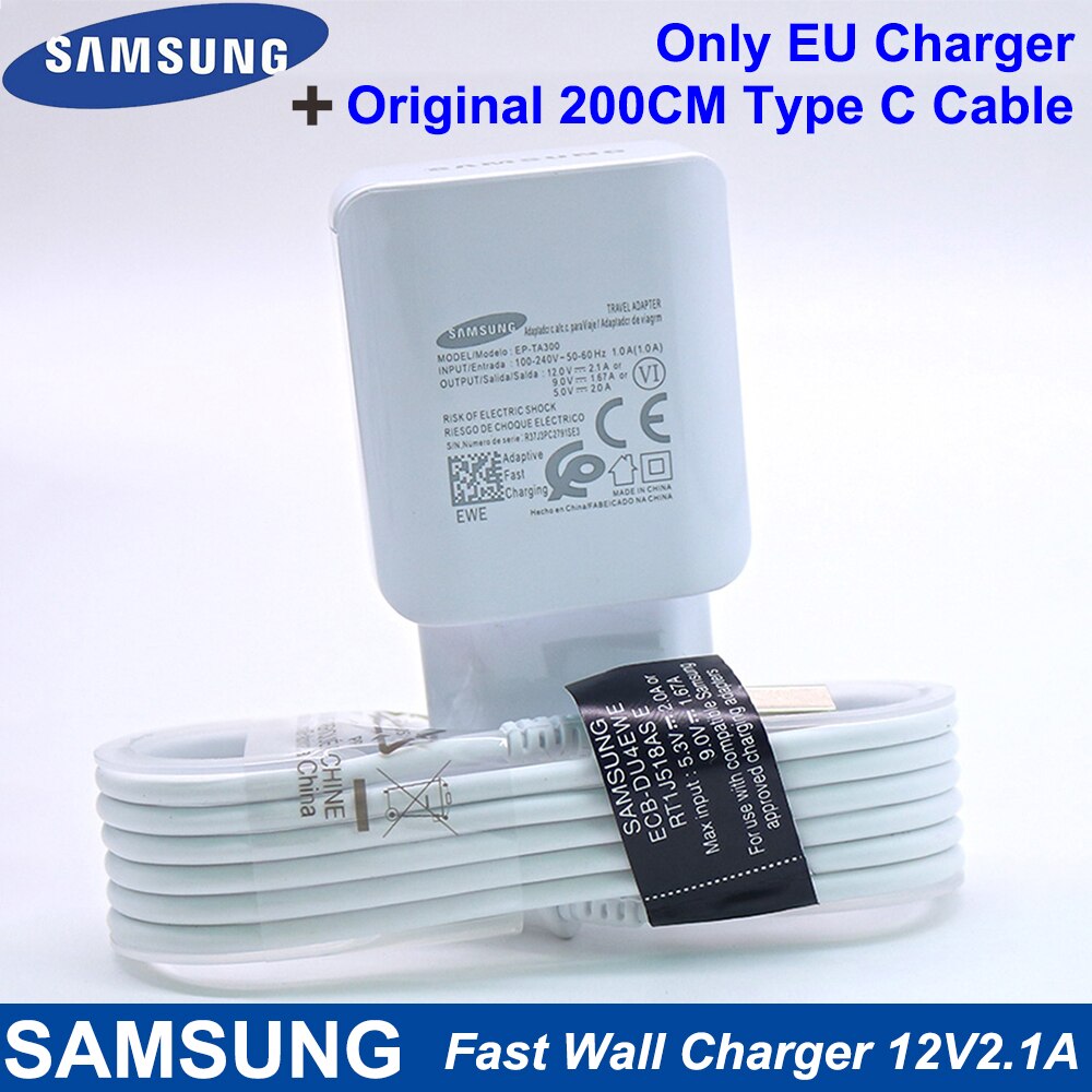 Samsung EP-TA300 EU Charger 25W 12V 2.1A Fast Wall Charger For Samsung Galaxy S10 S9 S8 Plus S7 Note9 8 7 FE Tab Note A S Series: Add 2M Type C Cable