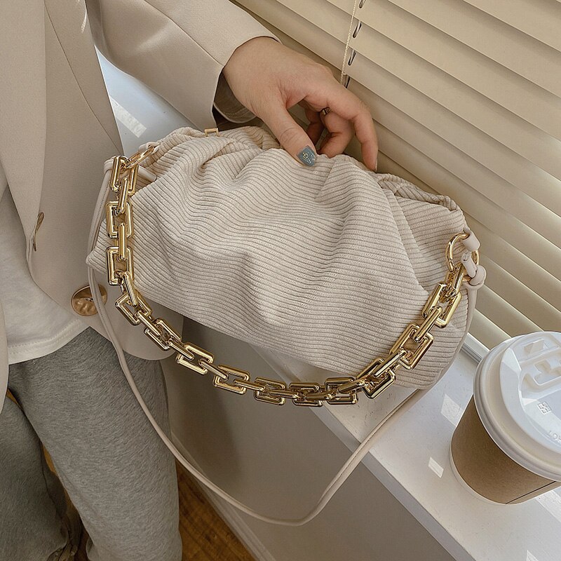 Moda sztruks gruby łańcuch kobiet torebki projektant luksusowe torby na ramię Crossbody torebki Ruched Hobos bagietki torba pani Tote: Beige