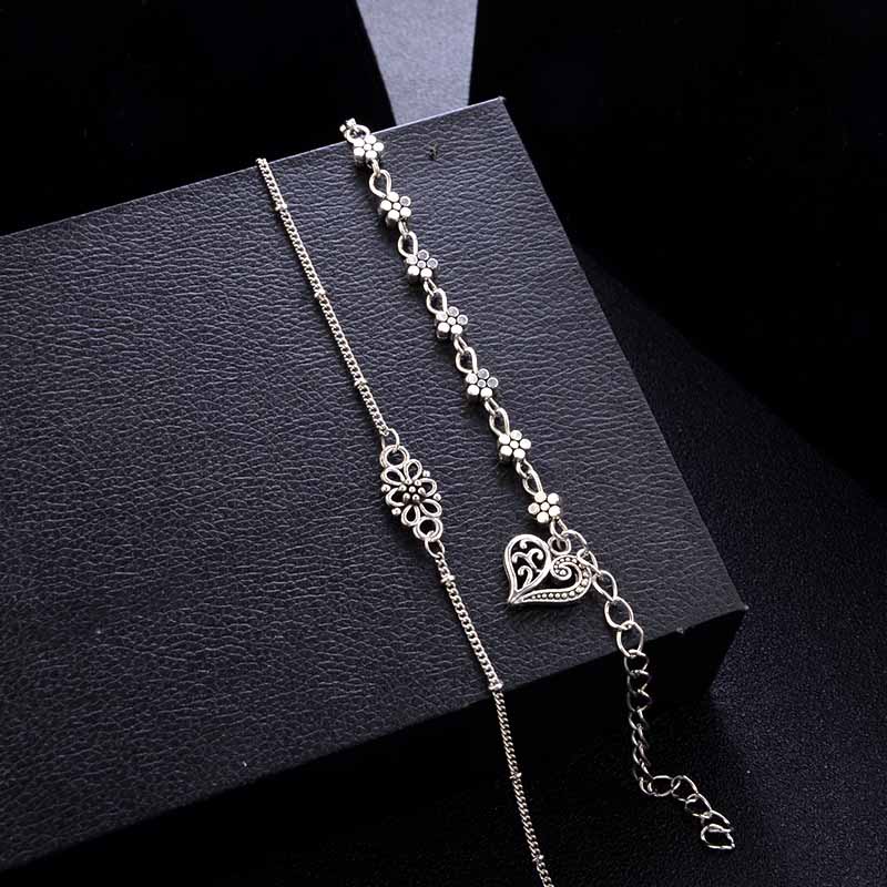 2 Pcs/set Trendy Anklet Silver Hollow Flower Carved Heart Double Layer Beach Ankle Bracelet Barefoot Anklets Bohemian Jewelry