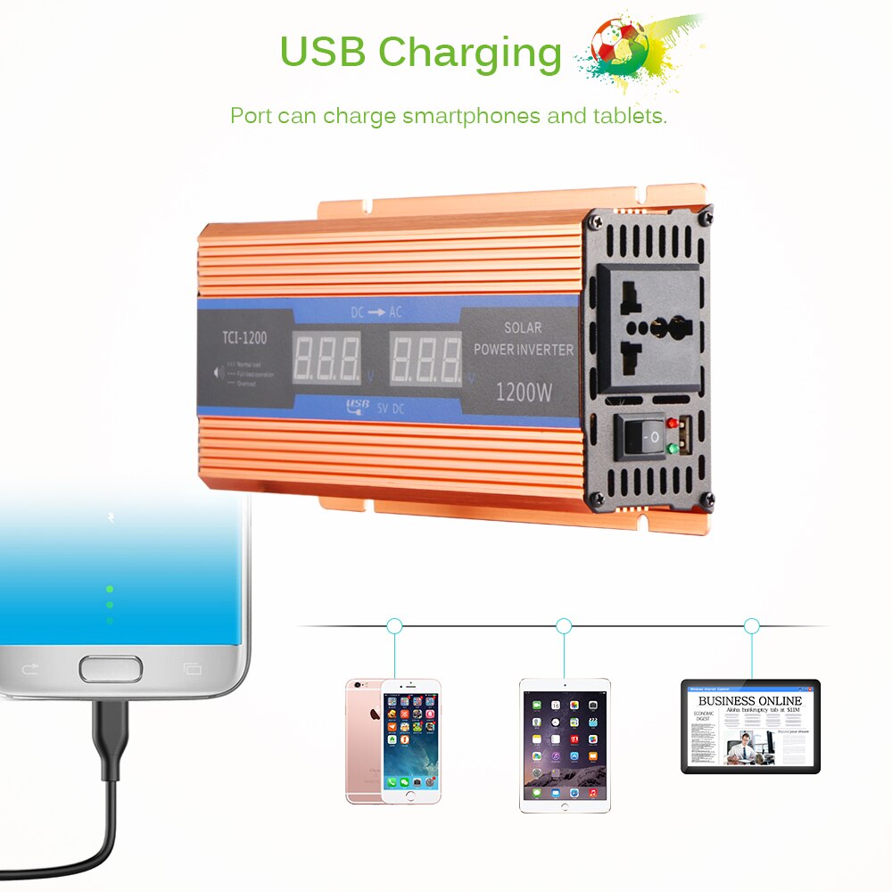 Dc 12v til  ac 220v 1200w bilomformer 12 v 220 v transformatoradapter spenningsomformer 12v to 220v billader volt display