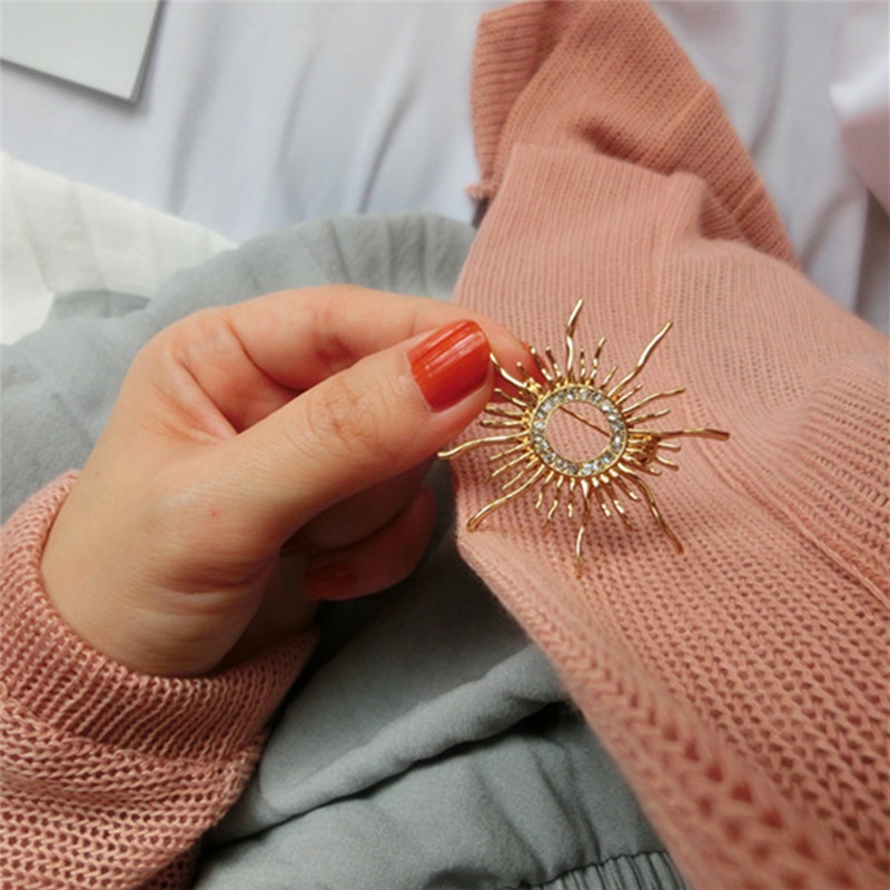 Sun Shape Brooch For Women Men Prong Setting Crystals Color Broches Hijab Pins Scarf Buckles Plastron Jewelry