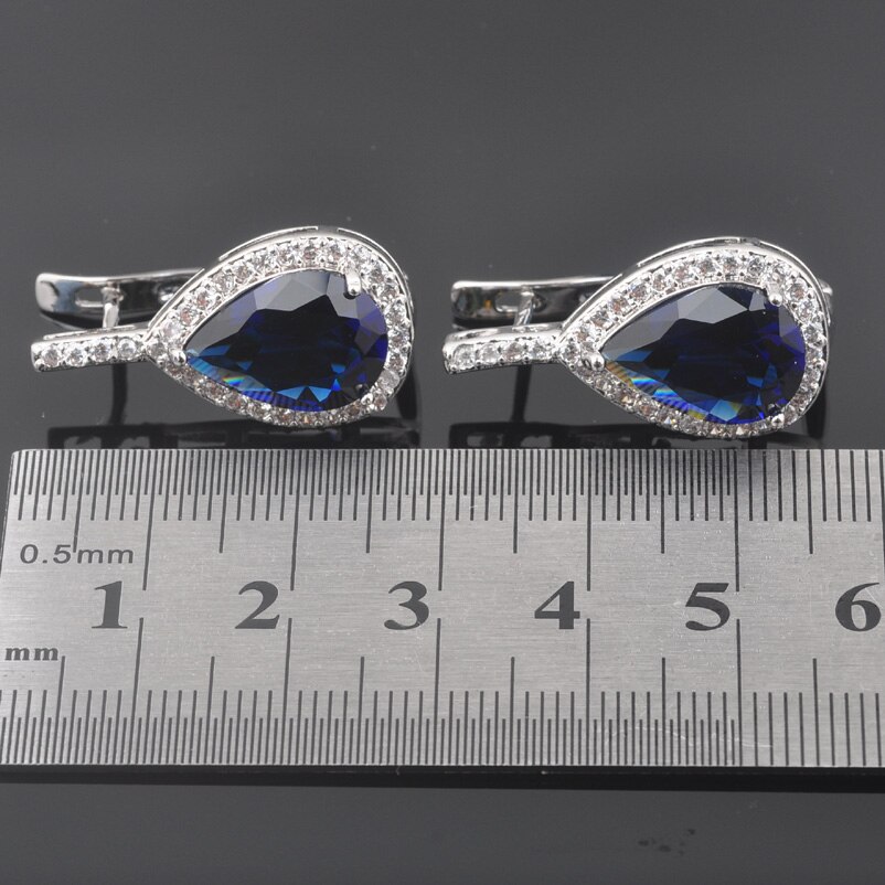 Blauwe Stenen Water Zilveren Kleur Sieraden Sets Armband Voor Vrouwen Bruiloft Ketting Hanger Oorbellen Ring QS0355