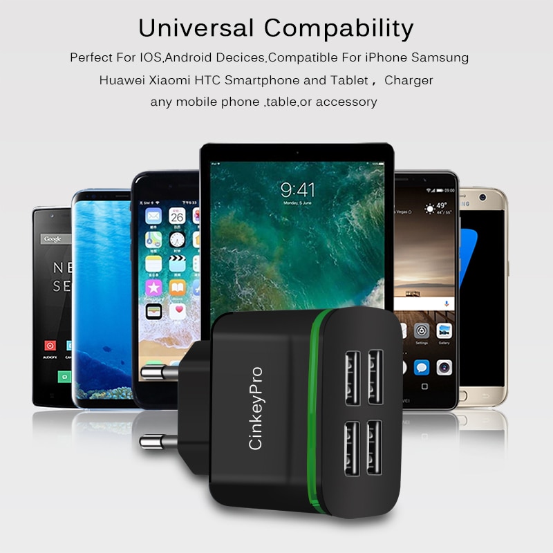 CinkeyPro 4 Ports USB Charger 5V/4A Smart Wall Adapter Mobile Phone Charging Data Device For iPhone iPad EU Plug